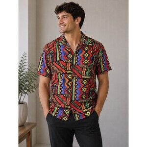 Reason Vintage Style Men’s Multicolor Geometric Button Up Shirt Retro Festival
